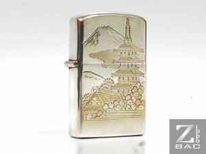 MS 87 - Zippo bạc khối Nhật khảm vàng "Tháp chùa, núi Phú Sĩ, hoa anh đào"