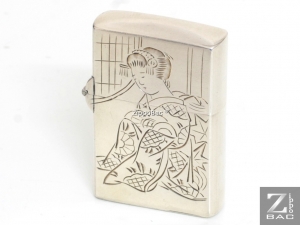 MS 230.1. Zippo bạc khối Nhật cổ 1950s - Geisha - bản lề đóng ngoài