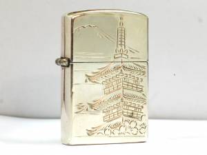 MS 79 - Zippo bạc khối Nhật "Tháp chùa, núi Phú Sĩ, hoa anh đào"